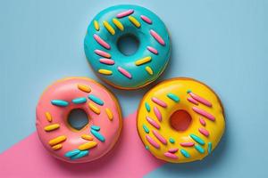 Donuts on colorful background. Top view, flatlay photo