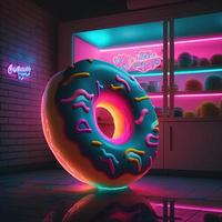 Neon donut on colorful background. Doughnut day concept. AI photo