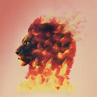 Double exposure of lion head and fire. . Not based on any actual scene photo