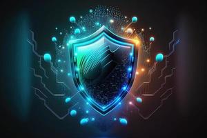 Neon data with security shield. Concept of protection, cyper safety. AI photo