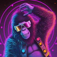 Cool neon party dancing gorilla in sunglasses. Not based on any actual scene photo