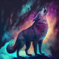 Neon iridescent psychedelic howling wolf. photo