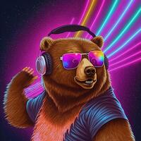 Cool neon party bear in sunglasses. . Not based on any actual scene photo