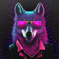 Cool neon party wolf in sunglasses. . Not based on any actual scene photo