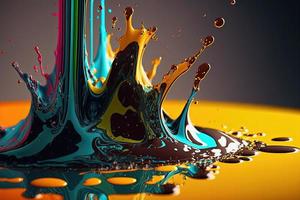 Colorful liquid paint splash on dark background photo