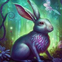 Neon psychedelic rabbit in enchanted forest. . Not based on any actual scene or pattern photo