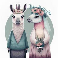 Two llamas bride and groom. Lovely wedding couple. Just Married photo