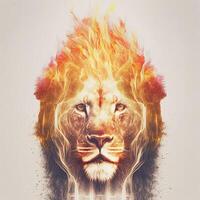 Double exposure of lion head and fire. . Not based on any actual scene photo