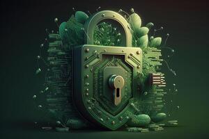 Green data with padlock. Green eco sustainability, earth nature code concept. photo