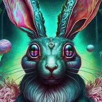 Neon iridescent psychedelic rabbit. . Not based on any actual scene or pattern photo