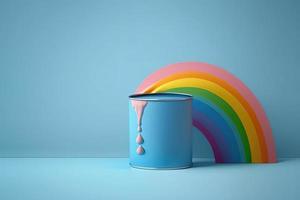 Colorful liquid rainbow splash over paint can on blue background. AI photo