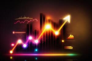 Trading business chart on dark colorful neon background. photo