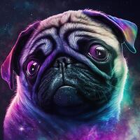 Neon iridescent psychedelic pug dog. . Not based on any actual scene or pattern photo