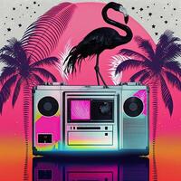 80s or 90s retro music summer party poster with boombox . Not based on any actual scene photo