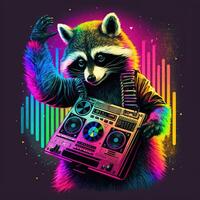 Neon raccoon dj on party photo