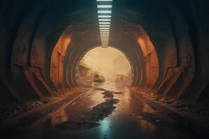 Postapocalyptic tunnel after rain with orange radioactive dust. Neural network photo