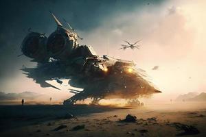 Futuristic scene with astronauts in space exploring a planet. Neural network generated art photo