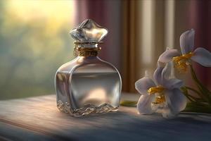 Beautiful women's perfume bottle with orchids. Neural network generated art photo