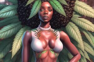 Beautiful fantasy black woman on cannabis background. Neural network photo
