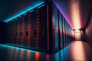 Server racks in computer network security server room data center. Neural network generated art photo