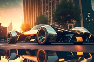 moderno futurista rápido deporte coche en ciudad centro. neural red generado Arte foto