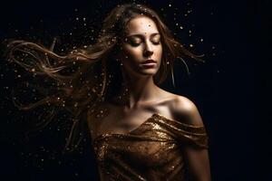 fantasía retrato de mujer en oro. neural red ai generado foto