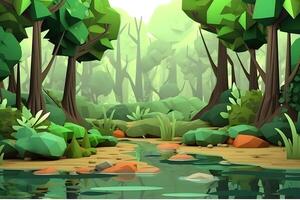 bosque río paisaje en dibujos animados estilo. neural red ai generado foto