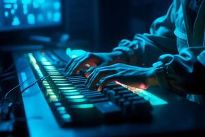 Hacker uses keyboard, shakes buttons with fingers to crack password. Internet security concept, cyber attack. Neon blue color. Neural network AI generated photo
