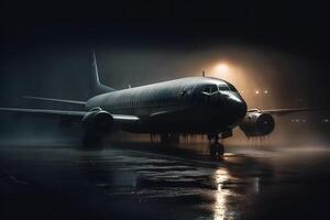 avión a el aeropuerto a noche en el lluvia. neural red ai generado foto
