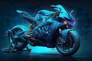 Futuristic custom angled light motorcycle concept with glowing blue tones. Neural network generated art photo