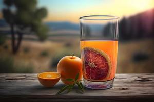 Glass of abstract fruit juice with fresh fruits on wooden table with summer field background. Neural network generated art photo