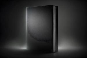 Hardcover vertical black mockup book standing on the black background with smoke. Neural network generated art photo