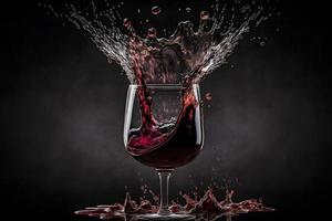 Glass with splash of red wine on black background. Neural network generated art photo