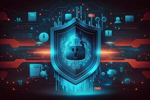 Padlock With Keyhole icon in personal data security Illustrates cyber data or information privacy idea. blue color abstract hi speed internet technology. Neural network photo
