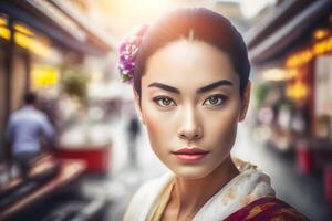 retrato de un japonés mujer en nacional ropa. neural red ai generado foto