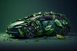 Concept of a ecology car made from green leaves. Neural network photo