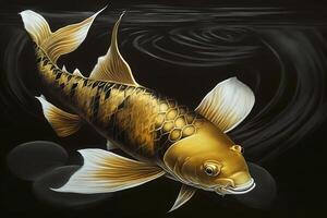 Golden koi fish on black background. Neural network photo