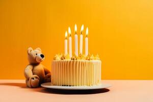 Teddy bear wearing birthday hat and a birthday cake. Neural network photo