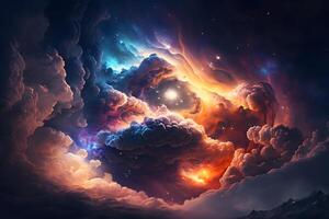 Space background with galaxy and nebula in blue and orange clouds. Neural network photo