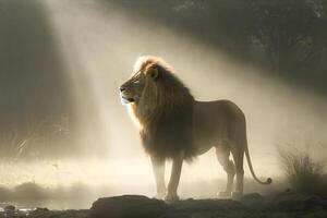 soltero león mirando real en pie con orgullo en un pequeño colina. neural red ai generado foto