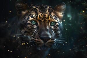 leopardo retrato cerca arriba en oscuro antecedentes. neural red ai generado foto
