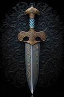 Medieval sword and scabbard. Fantasy golden sword with long blade. Neural network generated art photo