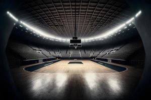 interior ver de un iluminado baloncesto estadio para un juego. neural red generado Arte foto