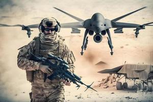 Soldiers are Using Drone for Scouting During Military Operation in the Desert. Neural network generated art photo