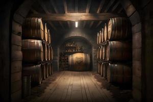 Old Wooden barrels with wine in a wine vault cellar. Neural network generated art photo