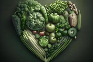 Green vegetables in the shape of a heart. vegan concept. Neural network photo