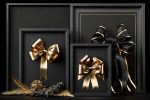 Black gift boxes with gold ribbon on dark background. Neural network photo