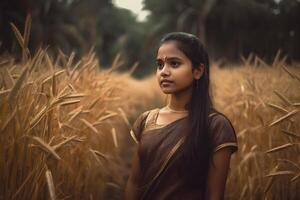 retrato de un indio niña en contra el antecedentes de espiguillas de trigo. neural red ai generado foto