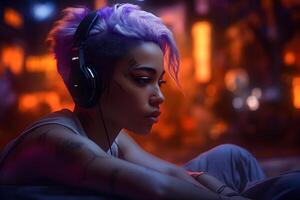 Young woman with mohawk in headphones, cyberpunk style. Neural network photo