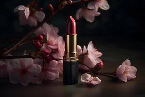 Red lipstick and flowers on a dark background. Neural network photo